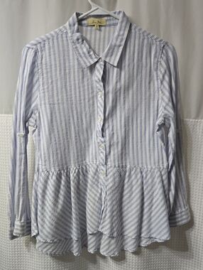 Love Notes Blue and White Striped Button-Front Peplum Blouse